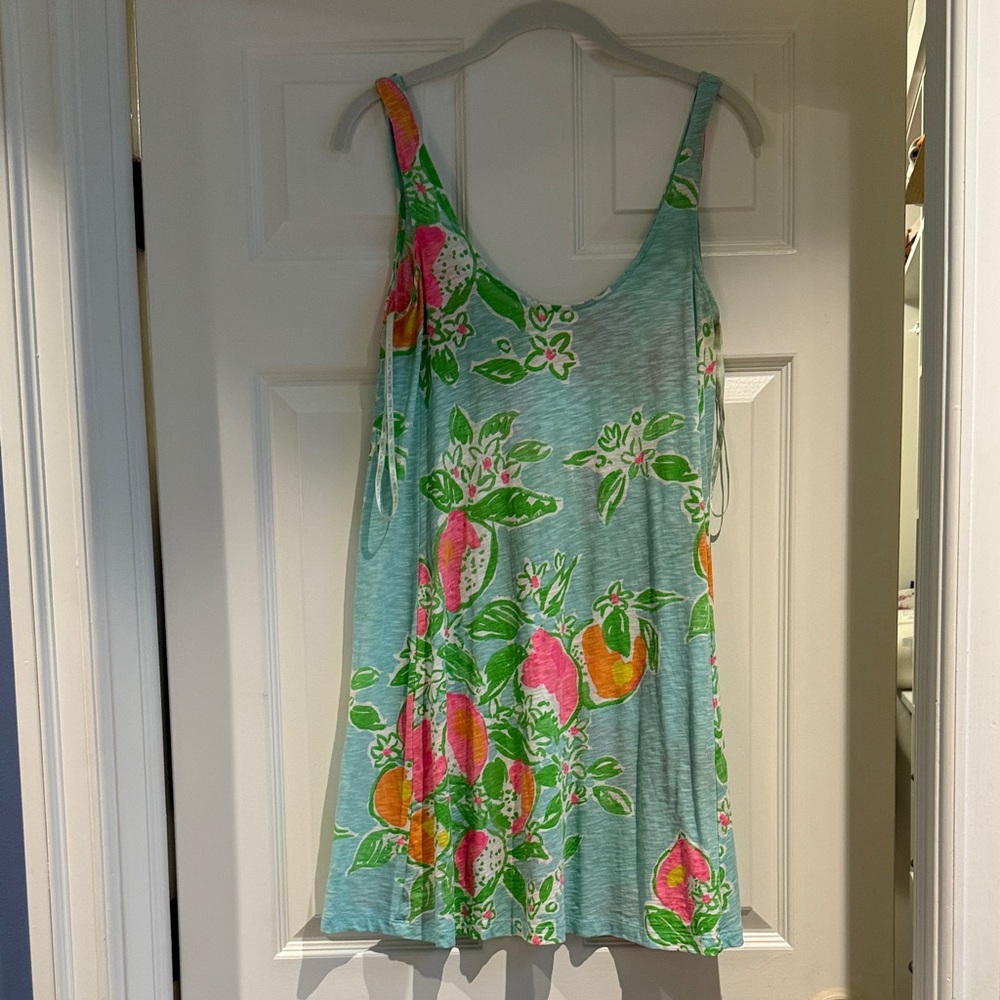 Lilly Pulitzer Aqua Floral Fruit Print Sundress with Pink and Orange Accents